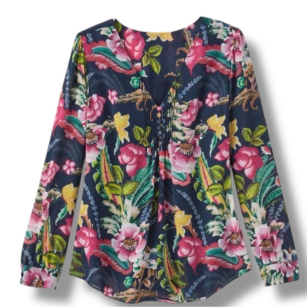 Soft Surroundings Navy Blue Floral Samantha Georgette Top - Medium - Picture 3 of 11